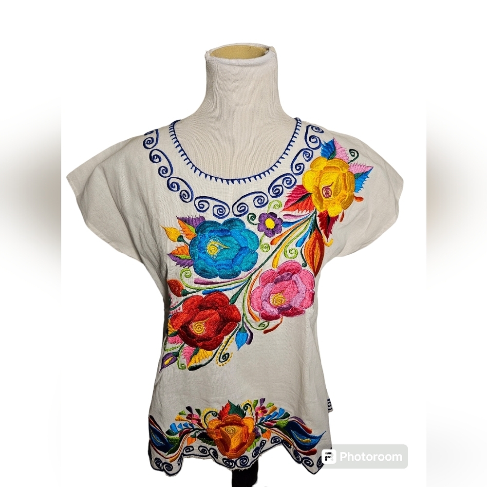 Mexican Ruffle handmade embroidered top size med.